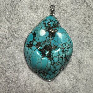Handcrafted large Turquoise & Sterling Silver 925 Natural Stone Pendant Necklace